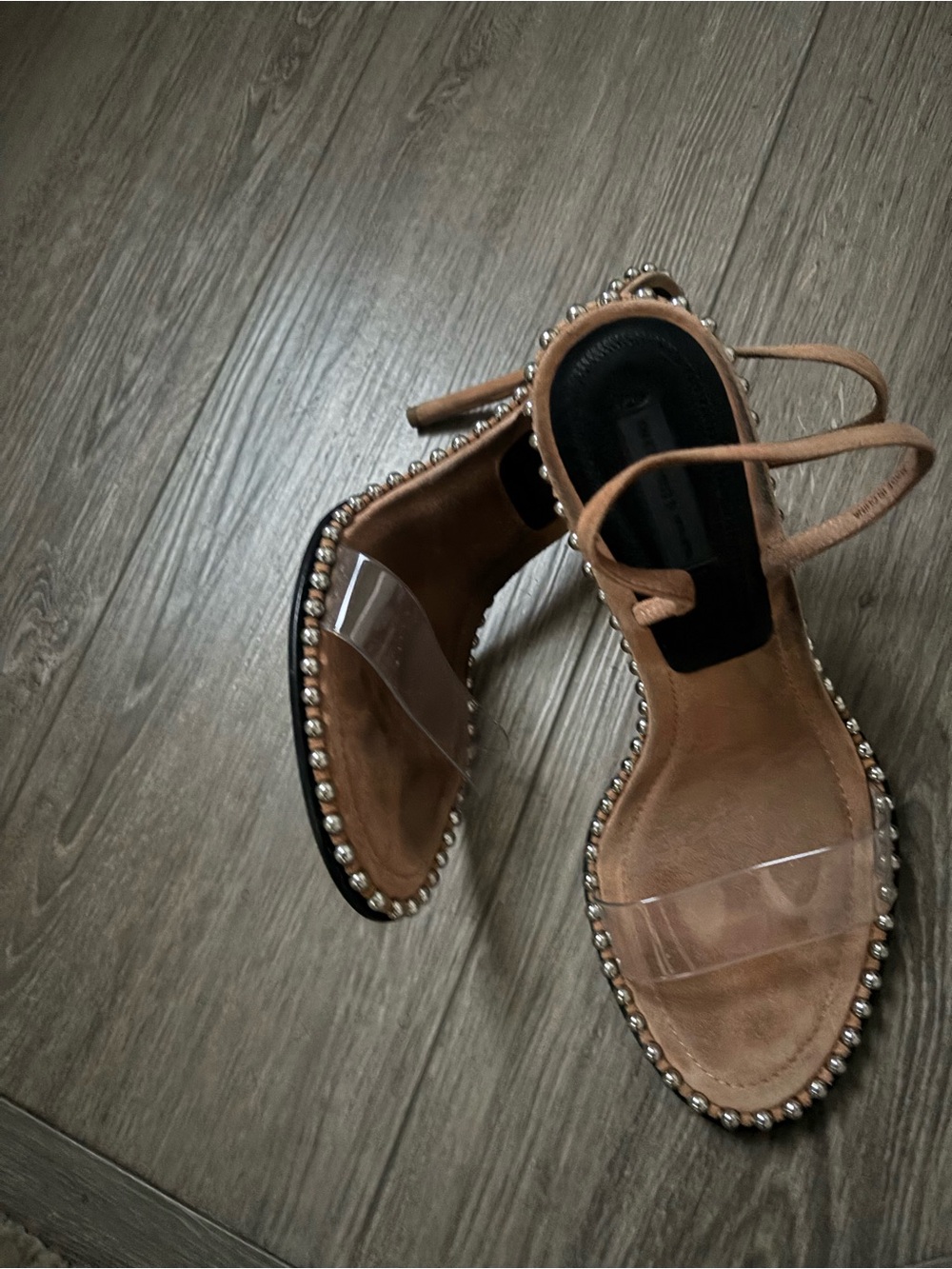 Alexander Wang Tan Leather Sandals with Clear Strap & Silver Studs
